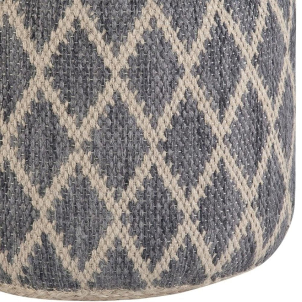 18" Gray Natural and Tan Jute and Cotton Geometric Round Pouf Ottoman