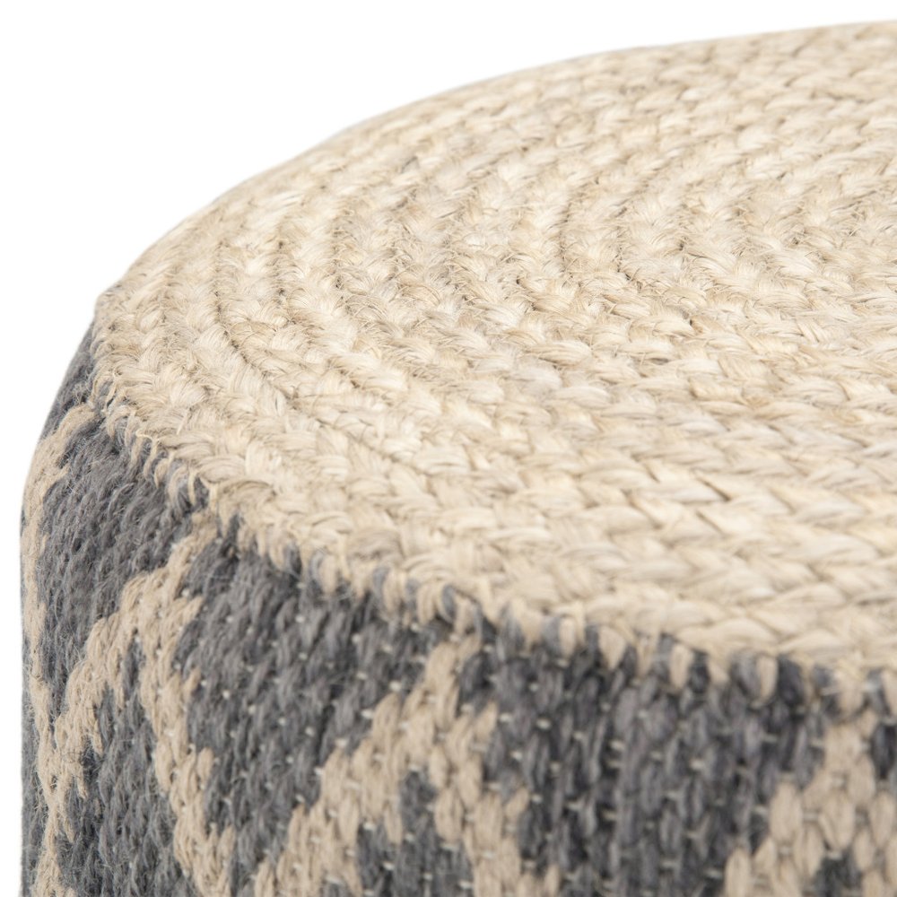 18" Gray Natural and Tan Jute and Cotton Geometric Round Pouf Ottoman