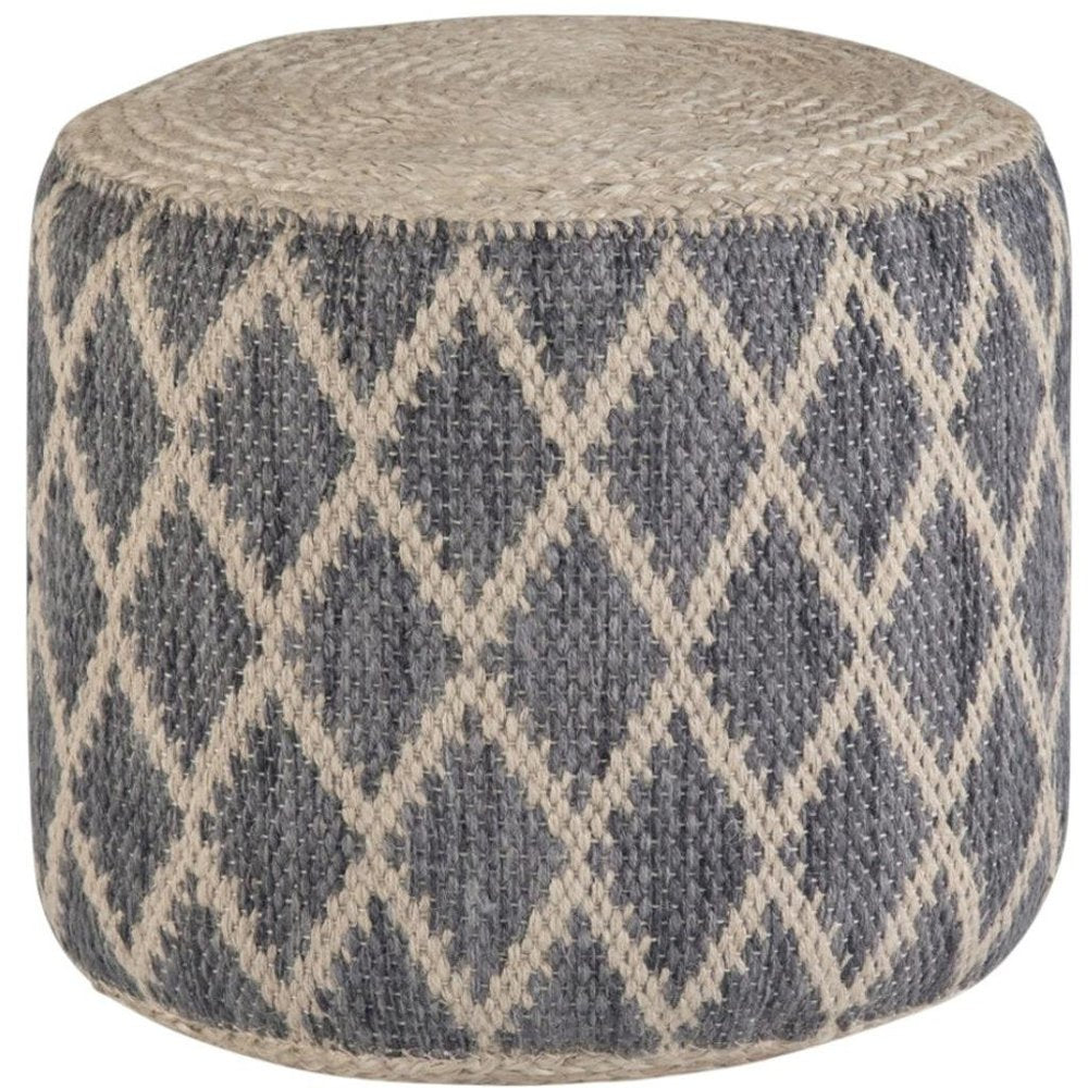 18" Gray Natural and Tan Jute and Cotton Geometric Round Pouf Ottoman