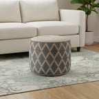 18" Gray Natural and Tan Jute and Cotton Geometric Round Pouf Ottoman