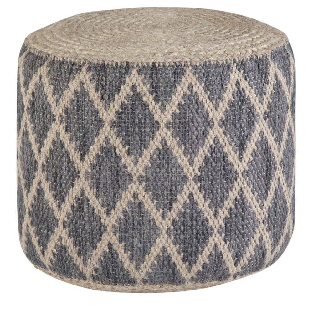 18" Gray Natural and Tan Jute and Cotton Geometric Round Pouf Ottoman
