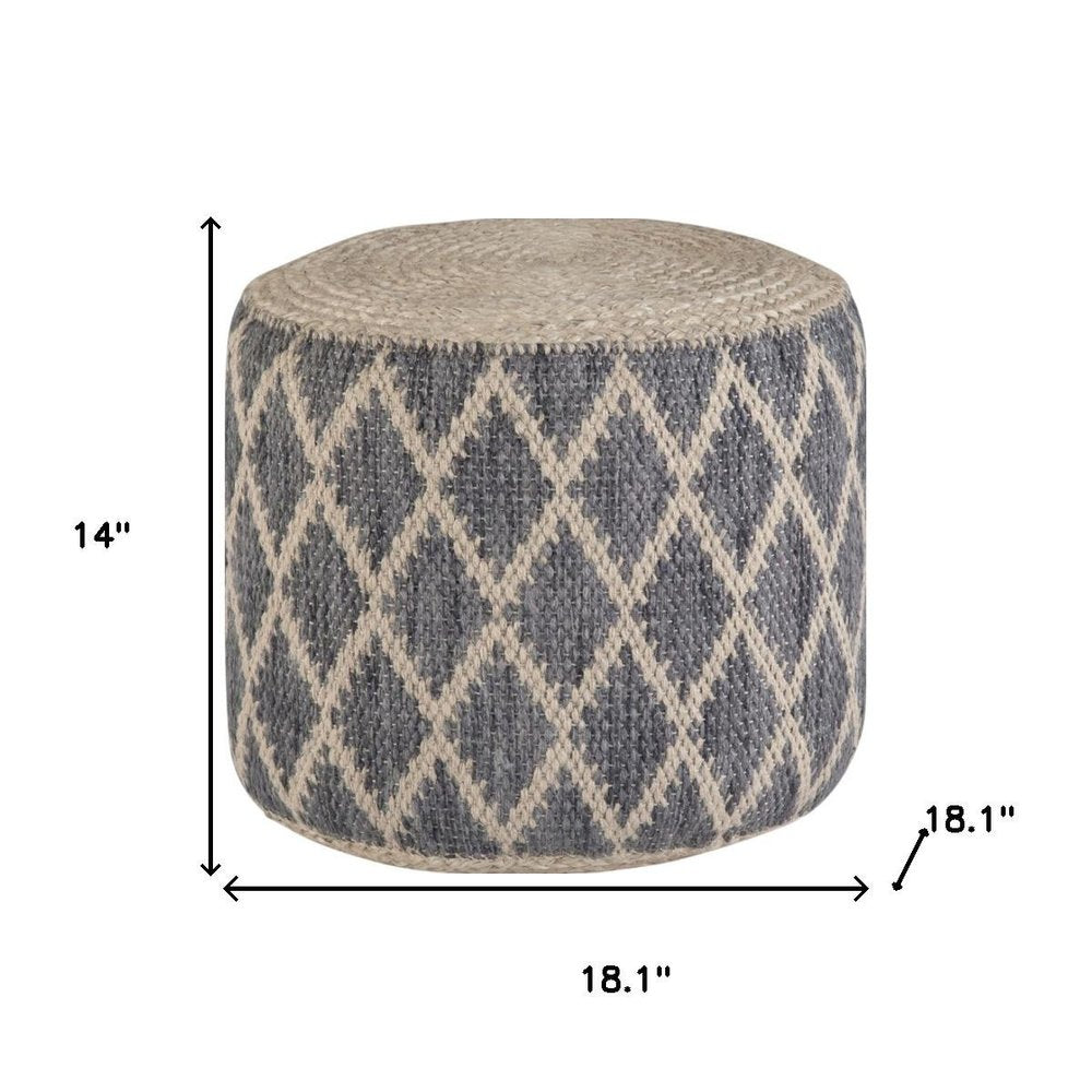 18" Gray Natural and Tan Jute and Cotton Geometric Round Pouf Ottoman