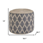 18" Gray Natural and Tan Jute and Cotton Geometric Round Pouf Ottoman