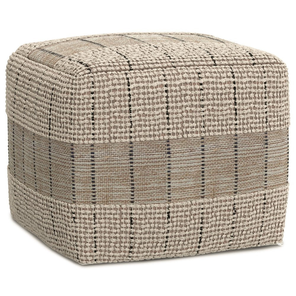 18" Gray and Tan Jute and Cotton Geometric Pouf Ottoman