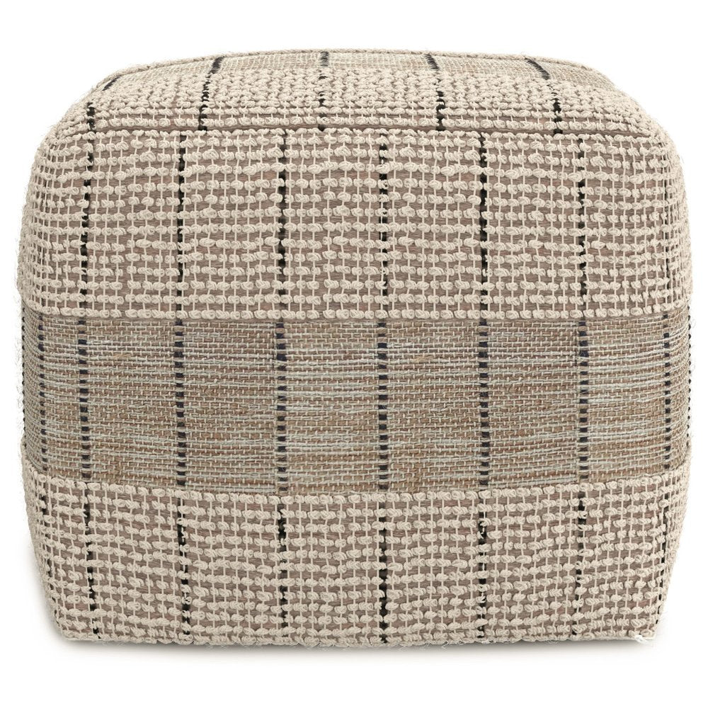 18" Gray and Tan Jute and Cotton Geometric Pouf Ottoman