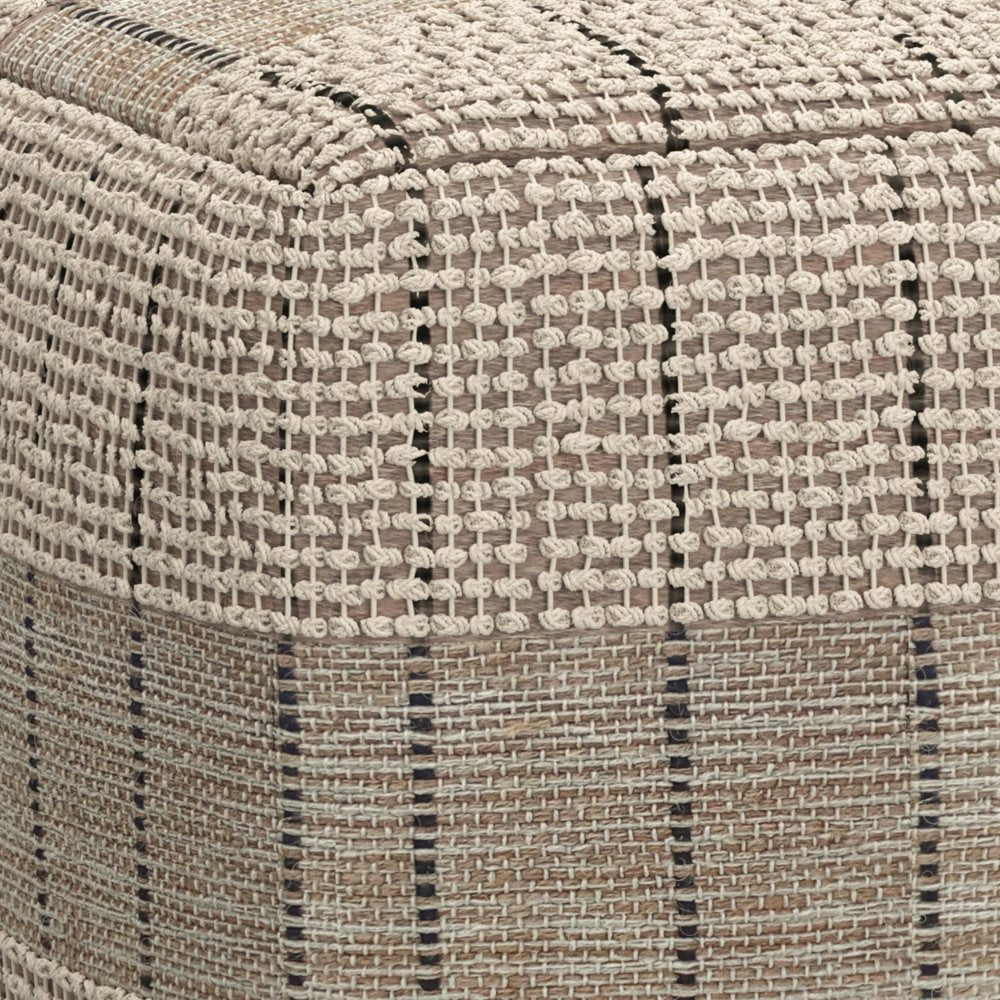 18" Gray and Tan Jute and Cotton Geometric Pouf Ottoman