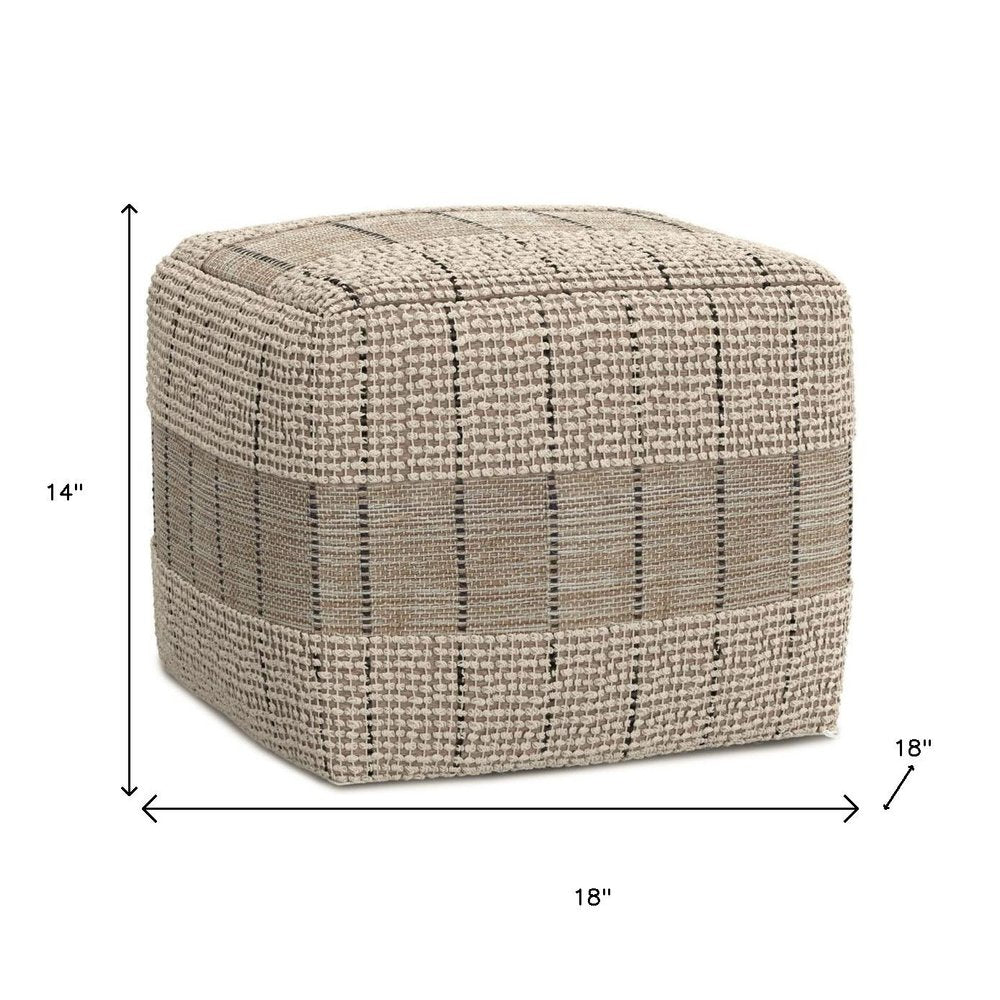 18" Gray and Tan Jute and Cotton Geometric Pouf Ottoman