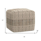 18" Gray and Tan Jute and Cotton Geometric Pouf Ottoman