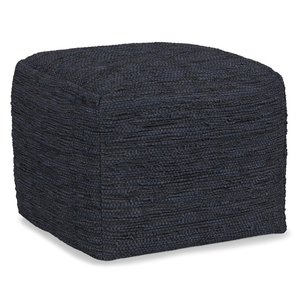 18" Dark Blue Genuine Leather Pouf Ottoman