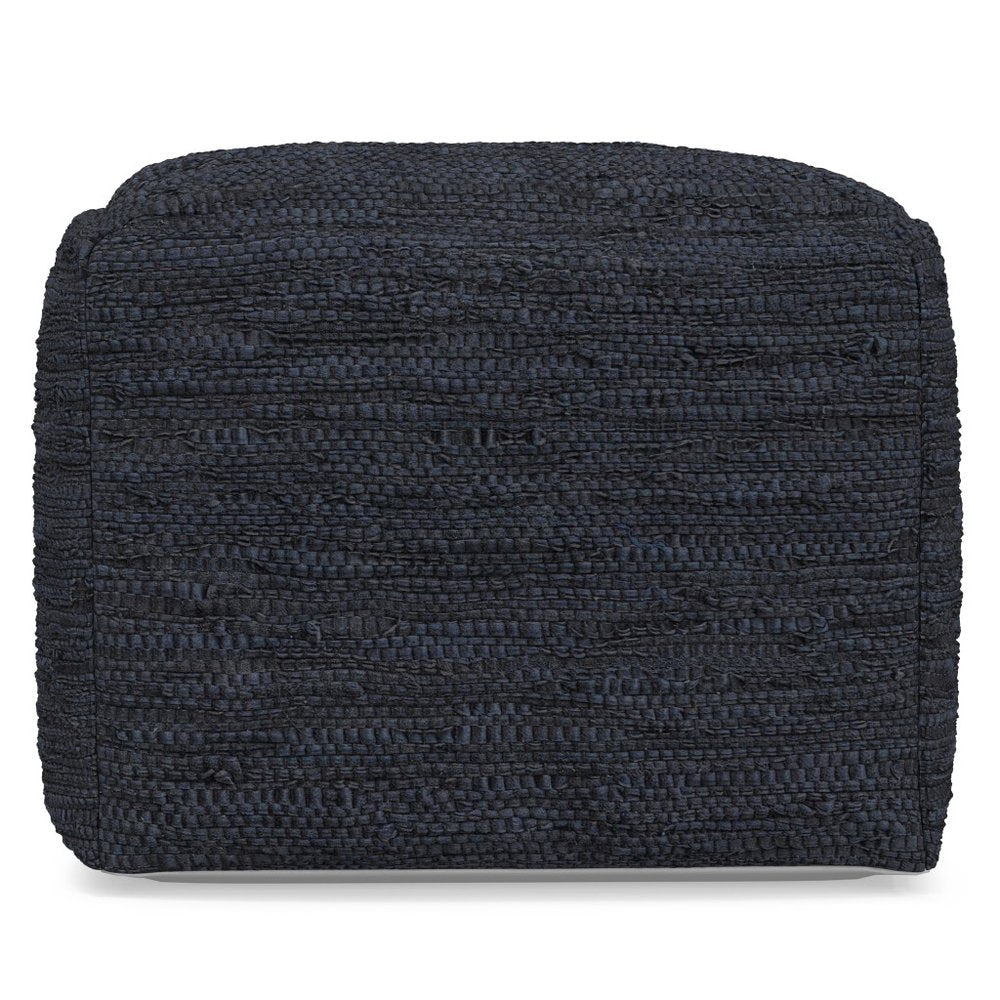 18" Dark Blue Genuine Leather Pouf Ottoman