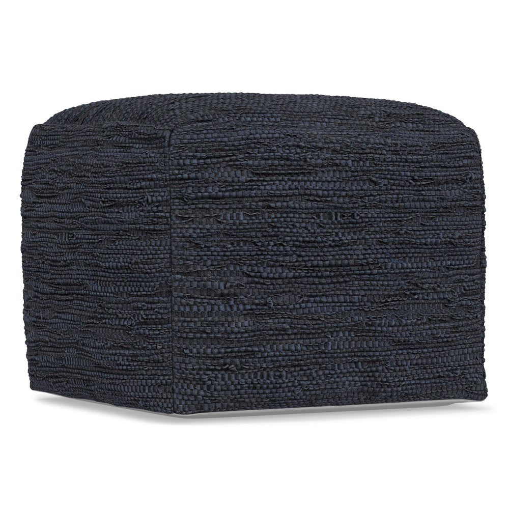 18" Dark Blue Genuine Leather Pouf Ottoman
