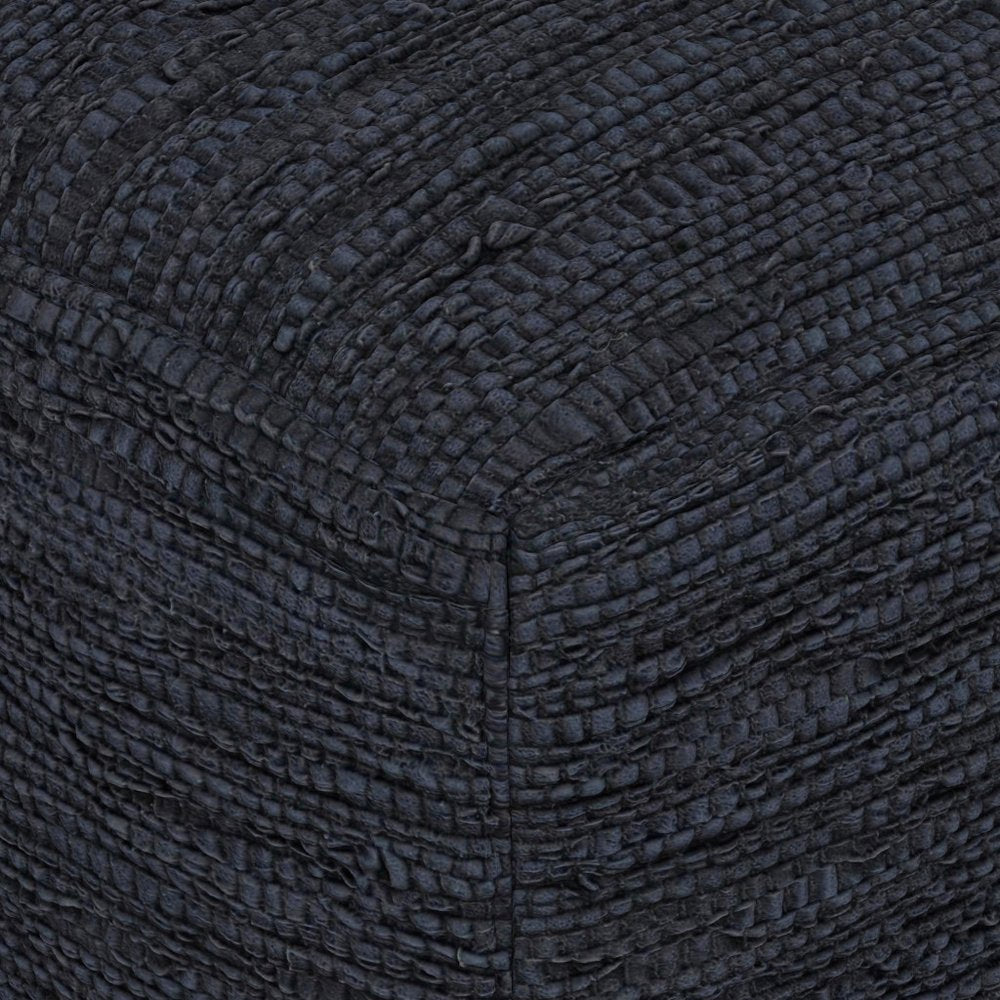 18" Dark Blue Genuine Leather Pouf Ottoman