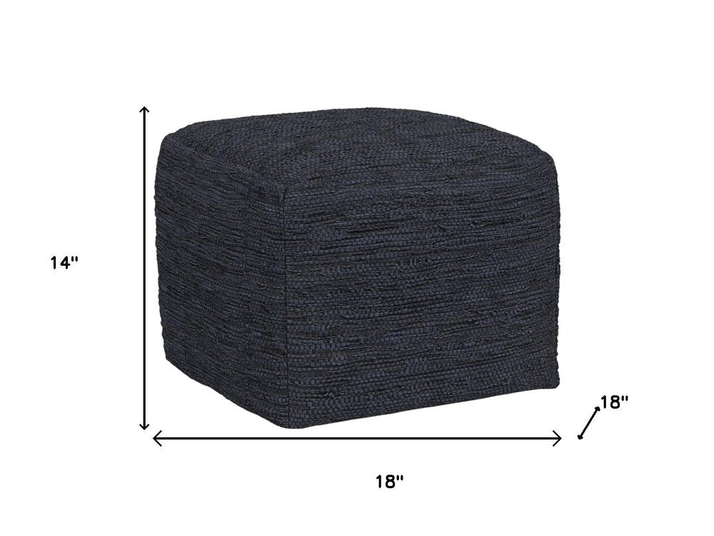 18" Dark Blue Genuine Leather Pouf Ottoman