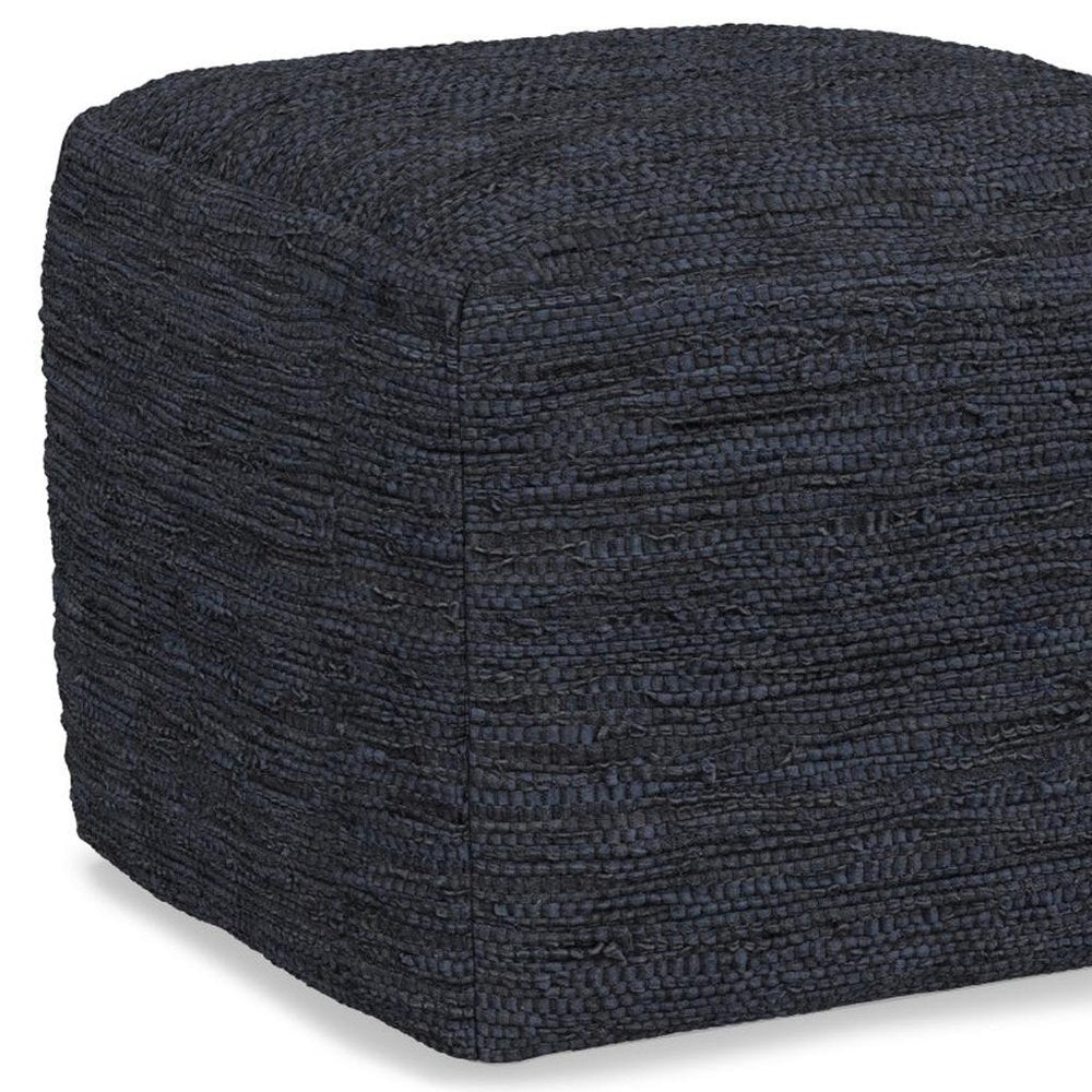 18" Dark Blue Genuine Leather Pouf Ottoman