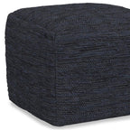 18" Dark Blue Genuine Leather Pouf Ottoman