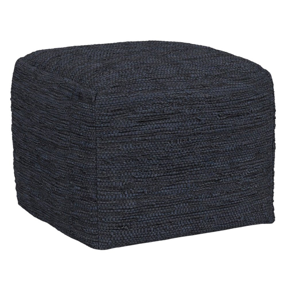 18" Dark Blue Genuine Leather Pouf Ottoman