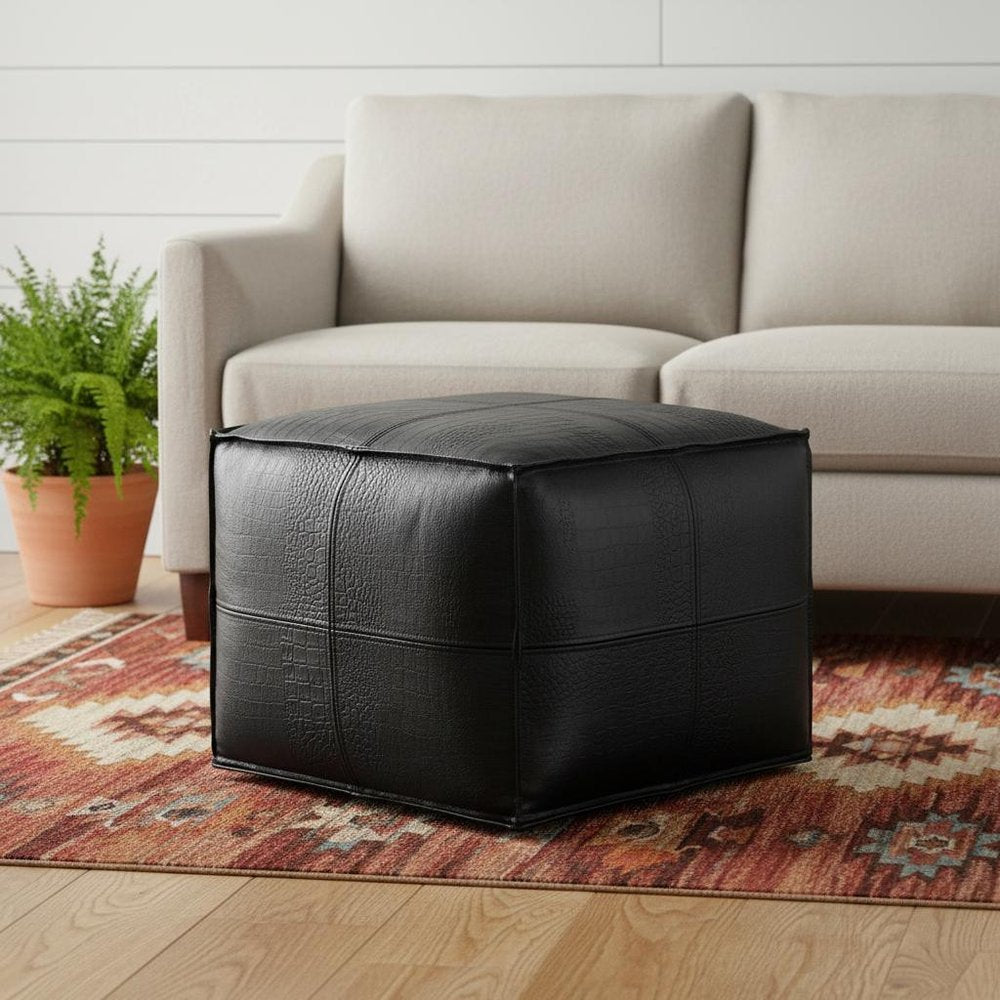 18" Brown Genuine Leather Pouf Ottoman