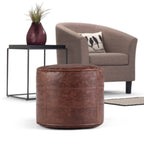 18" Brown Genuine Leather Round Pouf Ottoman