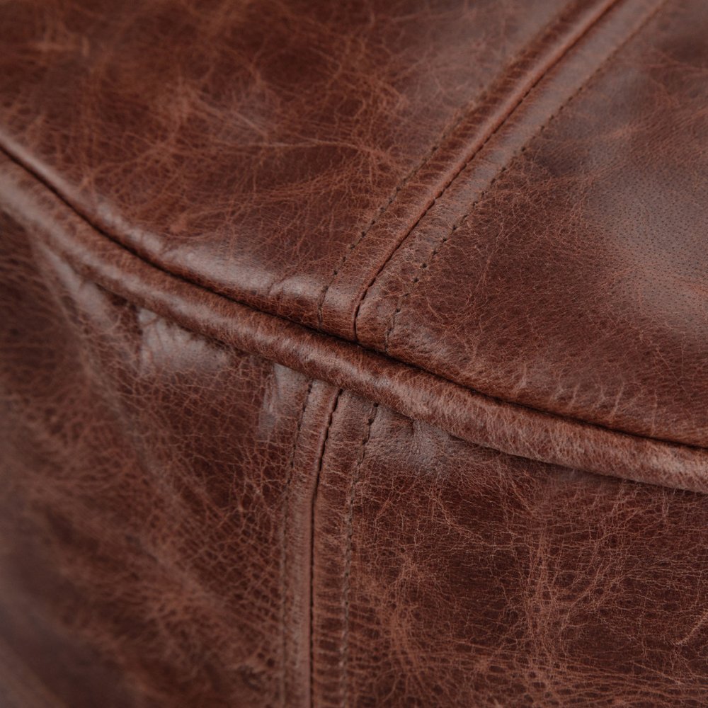18" Brown Genuine Leather Round Pouf Ottoman