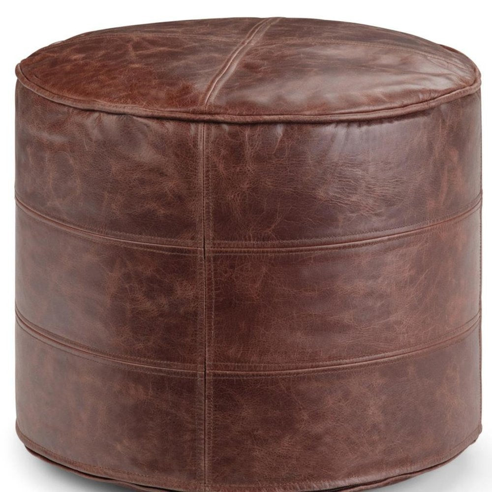 18" Brown Genuine Leather Round Pouf Ottoman