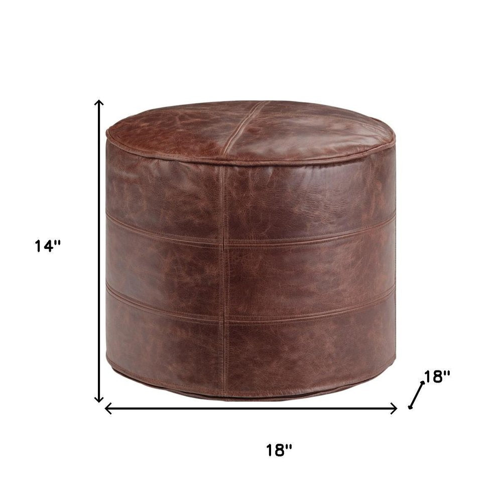 18" Brown Genuine Leather Round Pouf Ottoman