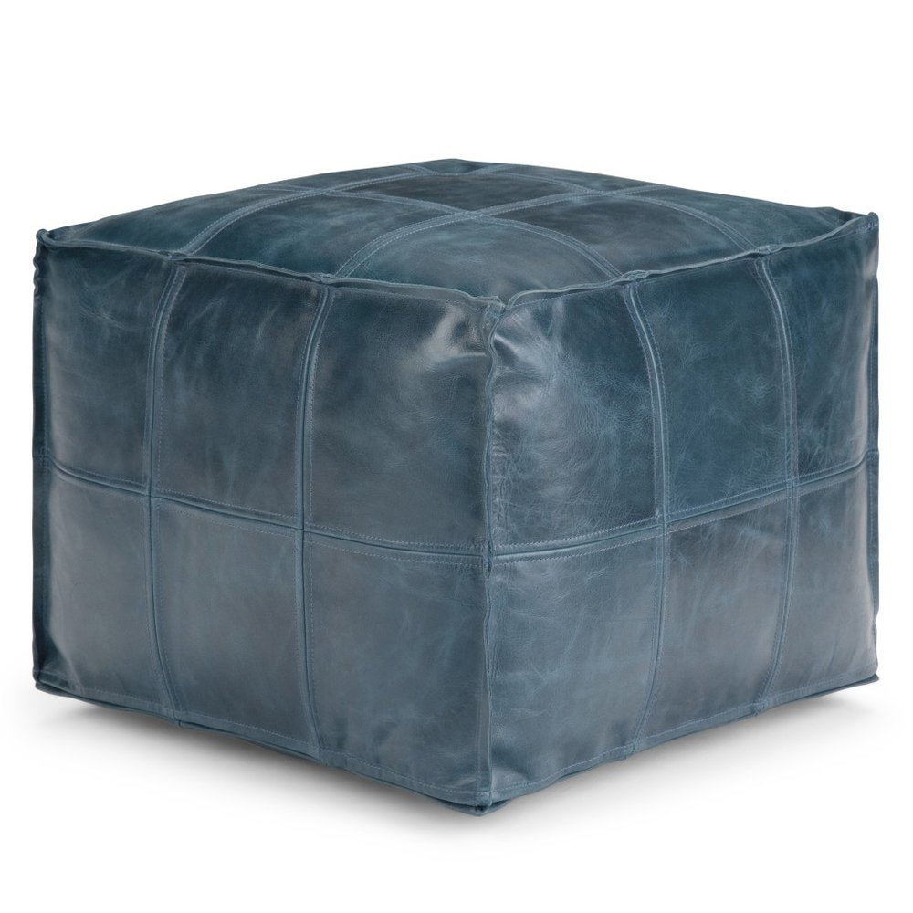 18" Teal Blue Genuine Leather Pouf Ottoman