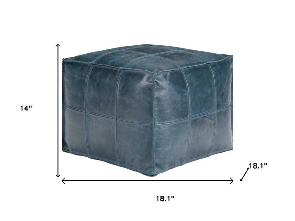 18" Teal Blue Genuine Leather Pouf Ottoman