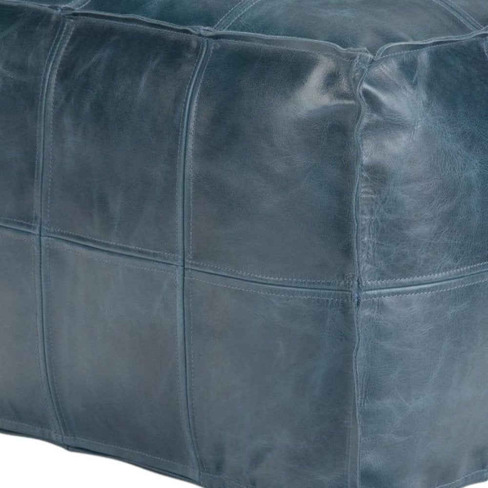 18" Teal Blue Genuine Leather Pouf Ottoman