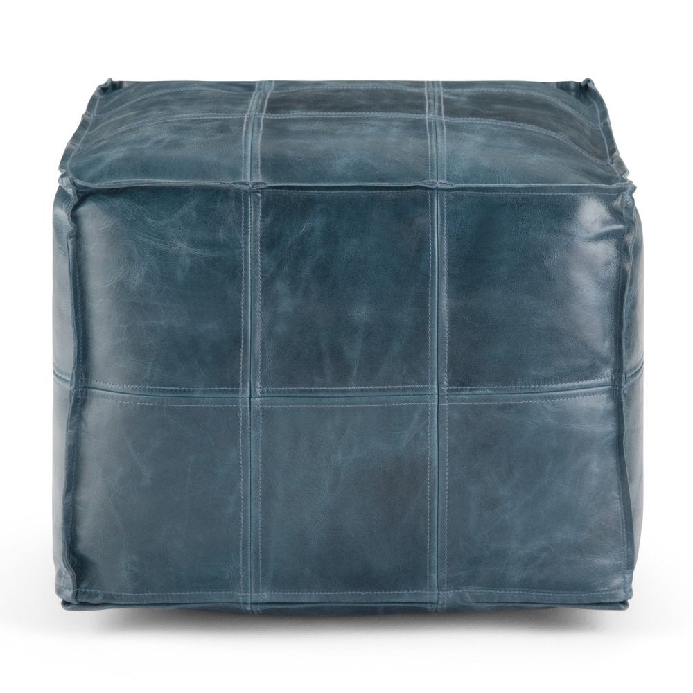 18" Teal Blue Genuine Leather Pouf Ottoman