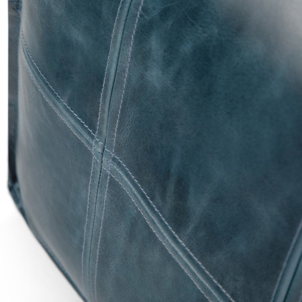 18" Teal Blue Genuine Leather Pouf Ottoman