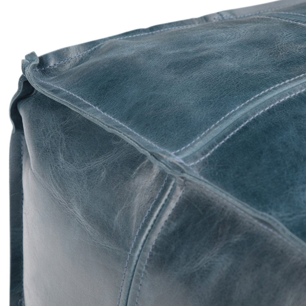 18" Teal Blue Genuine Leather Pouf Ottoman