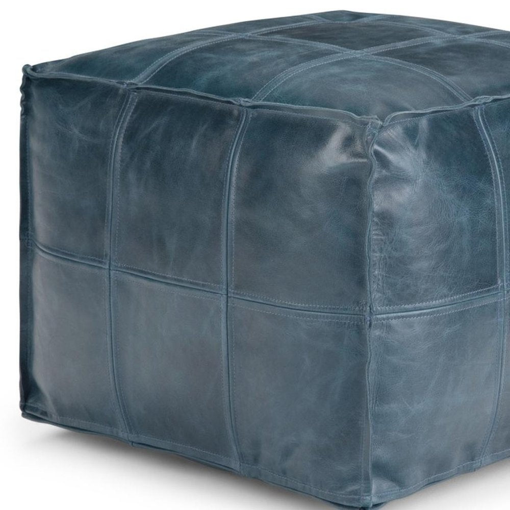 18" Teal Blue Genuine Leather Pouf Ottoman