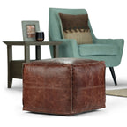 18" Brown Genuine Leather Pouf Ottoman