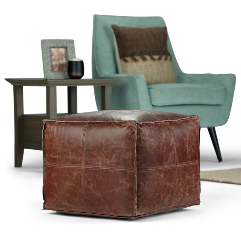 18" Brown Genuine Leather Pouf Ottoman
