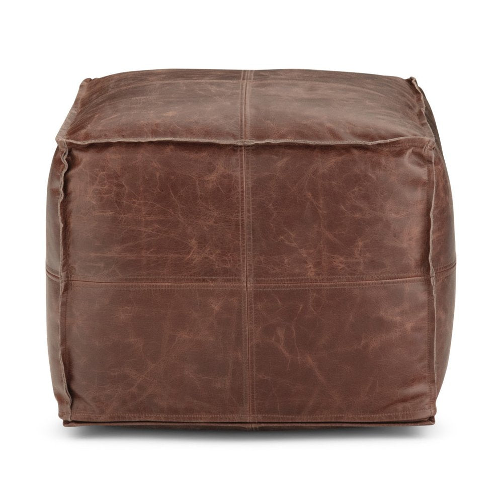 18" Brown Genuine Leather Pouf Ottoman