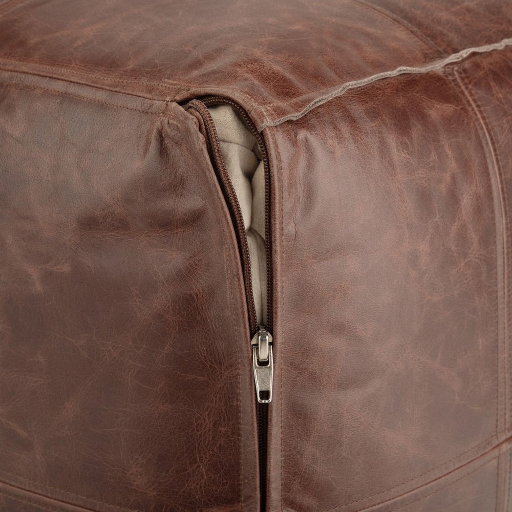 18" Brown Genuine Leather Pouf Ottoman