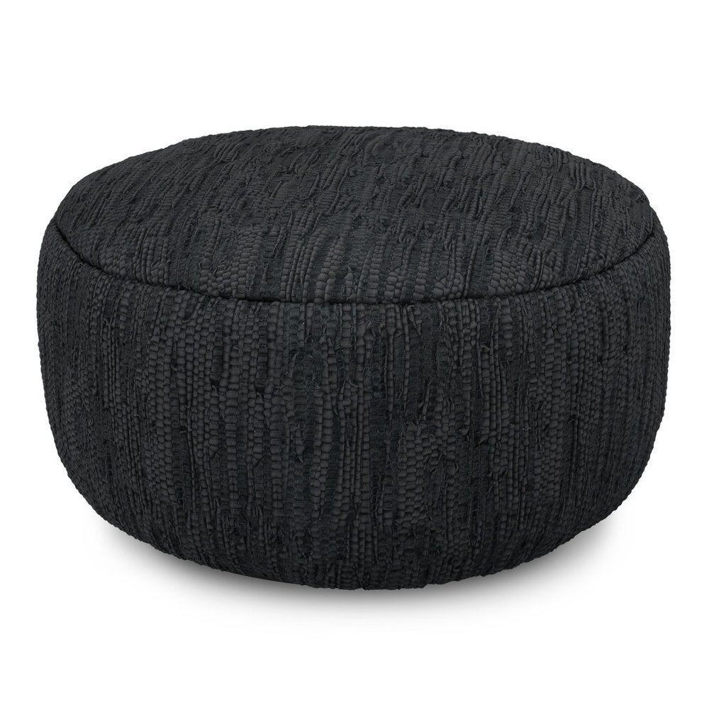 30" Black Genuine Leather Round Pouf Ottoman