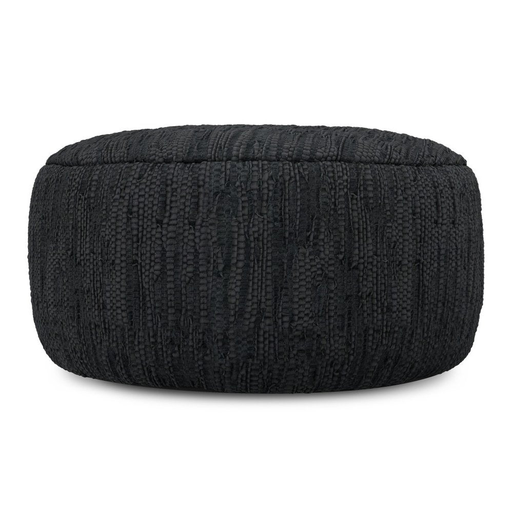 30" Black Genuine Leather Round Pouf Ottoman