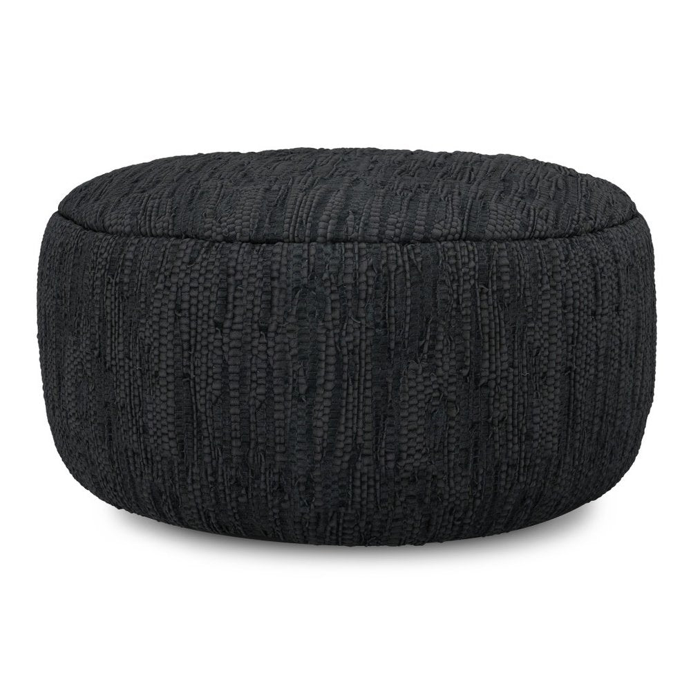 30" Black Genuine Leather Round Pouf Ottoman