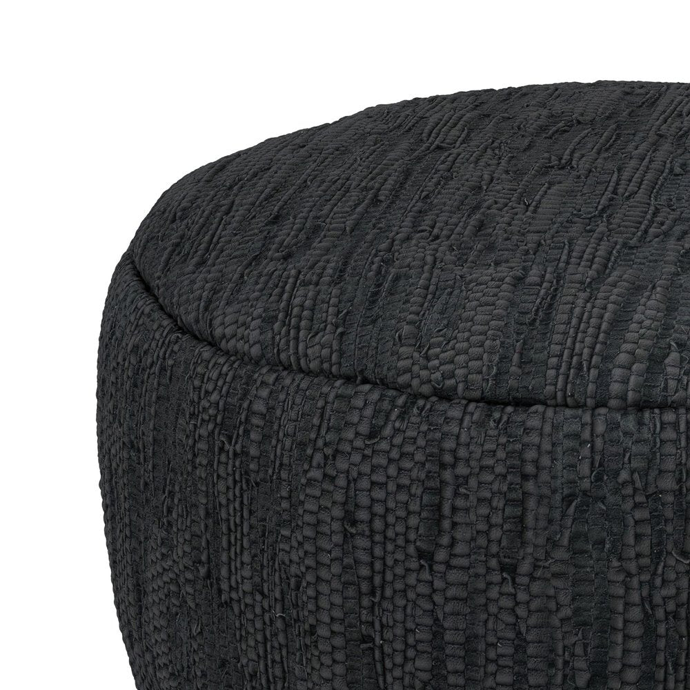 30" Black Genuine Leather Round Pouf Ottoman
