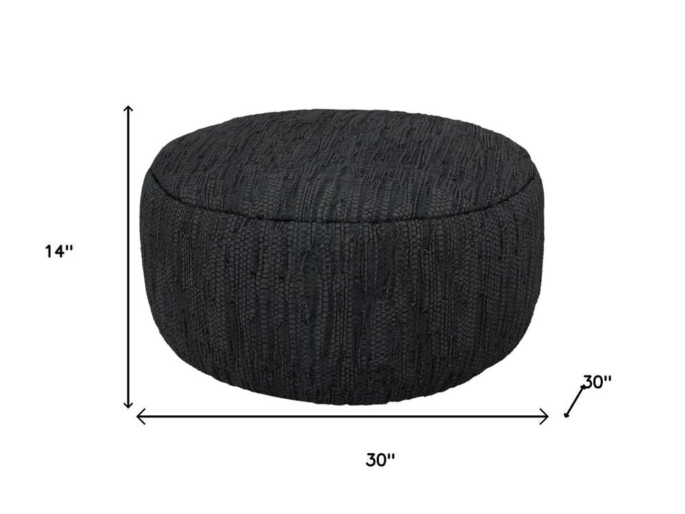 30" Black Genuine Leather Round Pouf Ottoman