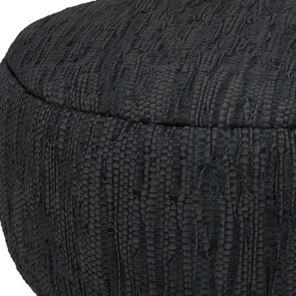 30" Black Genuine Leather Round Pouf Ottoman