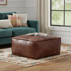 26" Dark Brown Leather Pouf Ottoman