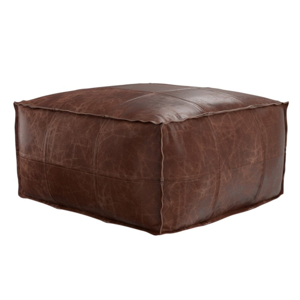 26" Dark Brown Leather Pouf Ottoman