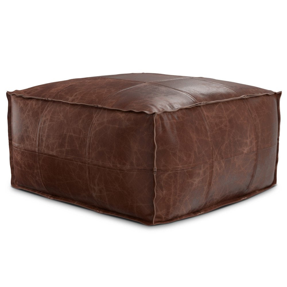 26" Dark Brown Leather Pouf Ottoman