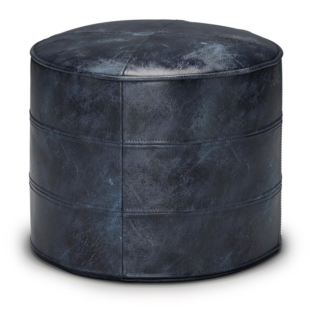 18" Brown Genuine Leather Round Pouf Ottoman