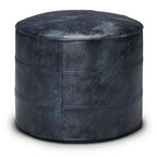 18" Brown Genuine Leather Round Pouf Ottoman