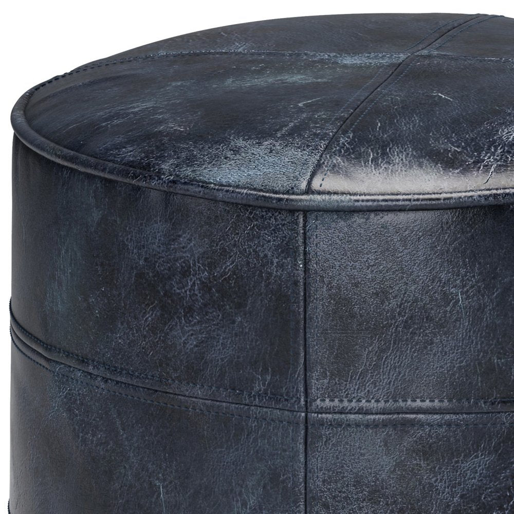 18" Brown Genuine Leather Round Pouf Ottoman