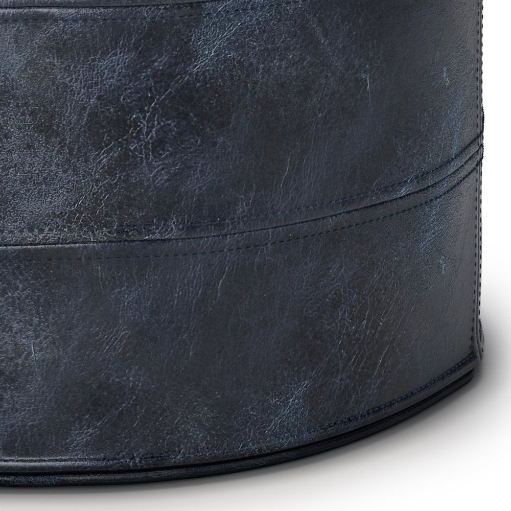 18" Brown Genuine Leather Round Pouf Ottoman