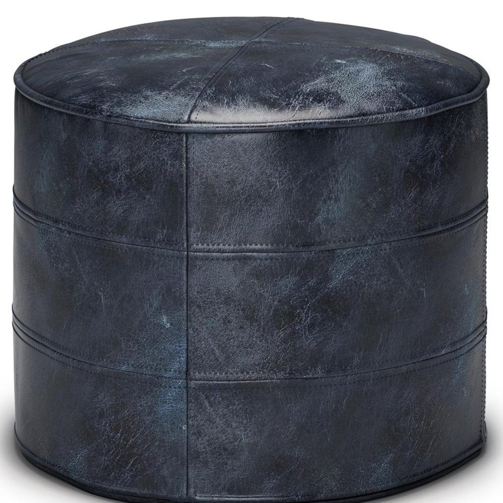18" Brown Genuine Leather Round Pouf Ottoman
